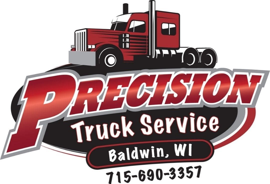 A red truck is parked in front of the words " precision truck service baldwin, wi 7 1 5-8 9 0-3 3 5